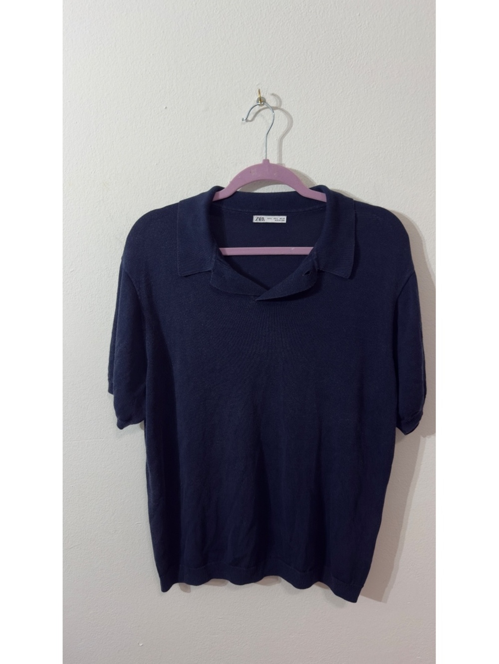 Zara Cotton Mulberry Silk Knit Polo Shirt Navy Blue Size L Large 0077/304